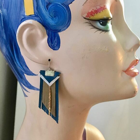 Western  Fringe Dark turquoise dark gold boho leather fringe statement earrings - Picture 1 of 10